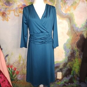 NWOT Paragon Ruched Waist Vneck and Back Midi A-line Dress